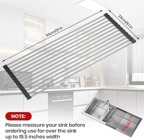 zzsbrm Roll Up Dish Drying Rack, Stainless Kitchen Accessories, Foldable Dish Rack, Anti - Slip Design Sink Counter Storage, Over The Sink Dish Rack, Stainless Steel, (21" x 9.1") Black - with | Sold by Uncle Wiener's Wholesale