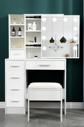 White Hollywood Vanity Set with LED Mirror, Drawers, and Padded Stool