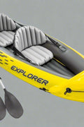 Intex Explorer K2 inflatable kayak on water with paddles

Top view of Explorer K2 kayak with seats and pump

Close-up of inflatable cockpit seats

Full kayak set with oars, pump, and skeg

Explorer K2 in yellow – packaged with accessories