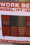 Red 7FT 18-drawer workbench – front view

Steel tool cabinet in packaging – side view

Drawer close-up showing roller bearings

Workbench with backsplash – showroom display

Red metal cabinet on skid – shipping ready