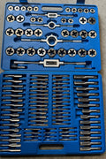 110-piece tap and die set with tungsten steel tools in case
Blue-thread cutting kit with taps, dies, and wrenches
Metric and SAE thread repair tool set for mechanics