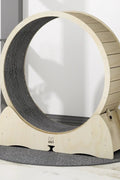 Large wooden cat exercise wheel with a carpeted running surface
Cat running on treadmill wheel in modern home
Side view of XL cat treadmill showing safe base design
Close-up of smooth solid wood wheel and track
Happy cat playing inside wooden running wheel