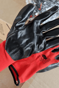 12 Pairs Red Work Gloves with Black Nitrile Palm Coating - with Medium | Sold by Uncle Wiener's Wholesale