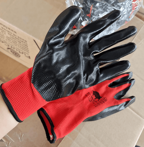 12 Pairs Red Work Gloves with Black Nitrile Palm Coating - with Medium | Sold by Uncle Wiener's Wholesale