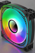 120mm ARGB case fan with multicolor RGB lighting
Side view of black frame 120mm ARGB fan
Fan with vivid RGB lights powered on
Rear connector side of 6-pin ARGB PC fan