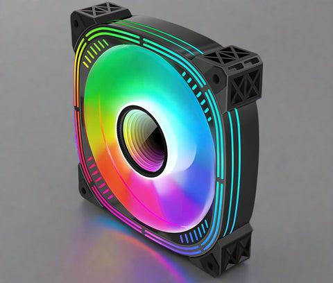 120mm ARGB case fan with multicolor RGB lighting
Side view of black frame 120mm ARGB fan
Fan with vivid RGB lights powered on
Rear connector side of 6-pin ARGB PC fan