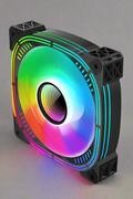 120mm ARGB case fan with multicolor RGB lighting
Side view of black frame 120mm ARGB fan
Fan with vivid RGB lights powered on
Rear connector side of 6-pin ARGB PC fan