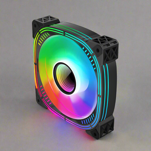 120mm ARGB case fan with multicolor RGB lighting
Side view of black frame 120mm ARGB fan
Fan with vivid RGB lights powered on
Rear connector side of 6-pin ARGB PC fan