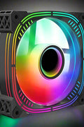 120mm ARGB case fan with multicolor RGB lighting
Side view of black frame 120mm ARGB fan
Fan with vivid RGB lights powered on
Rear connector side of 6-pin ARGB PC fan