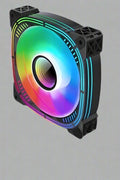 120mm ARGB case fan with multicolor RGB lighting
Side view of black frame 120mm ARGB fan
Fan with vivid RGB lights powered on
Rear connector side of 6-pin ARGB PC fan