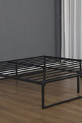 Metal platform bed frame assembled on wooden floor in modern space