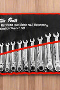 12-piece chrome folding ratchet wrench set with case
Compact ratchet wrench set with metric and SAE tools
Heavy-duty chrome-plated ratcheting wrenches
Silver mechanic wrench kit in a foldable organizer