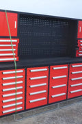Deluxe 10 FT Tool Workbench System with 40 Red Drawers and Pegboard

Drawer Detail: Lockable Red Tool Cabinet Drawers with Smooth Slides

Pegboard View: Steel Pegboard Panel with Hanging Tool Storage

Blue Variant: Blue 10 FT Tool Cabinet Workstation with Upper and Lower Cabinets

Side Angle: Heavy-Duty Tool Workbench in Blue or Red Finish – Side Profile