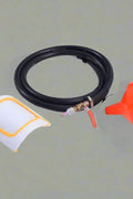 Red 20-gallon portable sandblasting tank with hose, wheels, and blasting accessories for rust and paint removal
