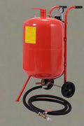 Red 20-gallon portable sandblasting tank with hose, wheels, and blasting accessories for rust and paint removal
