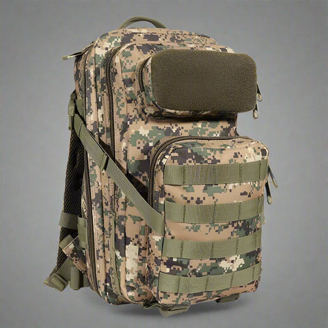 25L Tactical MOLLE Backpack in Woodlands Camo – Front View
Compact OD Green MOLLE Backpack – Side Storage View
Black Camo MOLLE Pack with Front Pouch and Bottle Holder
A-TACS Tactical Pack – Rear Strap Design and Padding