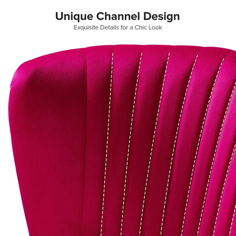 Fuchsia velvet loveseat with tufted back and gold legs in modern decor.
Ivory armless loveseat sofa with mid-century design in studio setup.
Tan velvet 2-seater with flared gold legs styled against a neutral wall.
Close-up of plush velvet texture and fluted backrest detail.
Color swatches displaying Fuchsia, Pink, Ivory, and Tan options.