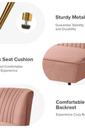 Fuchsia velvet loveseat with tufted back and gold legs in modern decor.
Ivory armless loveseat sofa with mid-century design in studio setup.
Tan velvet 2-seater with flared gold legs styled against a neutral wall.
Close-up of plush velvet texture and fluted backrest detail.
Color swatches displaying Fuchsia, Pink, Ivory, and Tan options.