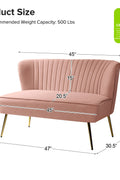 Fuchsia velvet loveseat with tufted back and gold legs in modern decor.
Ivory armless loveseat sofa with mid-century design in studio setup.
Tan velvet 2-seater with flared gold legs styled against a neutral wall.
Close-up of plush velvet texture and fluted backrest detail.
Color swatches displaying Fuchsia, Pink, Ivory, and Tan options.