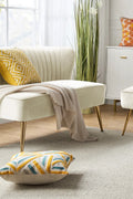 Fuchsia velvet loveseat with tufted back and gold legs in modern decor.
Ivory armless loveseat sofa with mid-century design in studio setup.
Tan velvet 2-seater with flared gold legs styled against a neutral wall.
Close-up of plush velvet texture and fluted backrest detail.
Color swatches displaying Fuchsia, Pink, Ivory, and Tan options.