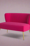Fuchsia velvet loveseat with tufted back and gold legs in modern decor.
Ivory armless loveseat sofa with mid-century design in studio setup.
Tan velvet 2-seater with flared gold legs styled against a neutral wall.
Close-up of plush velvet texture and fluted backrest detail.
Color swatches displaying Fuchsia, Pink, Ivory, and Tan options.