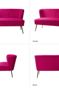 Fuchsia velvet loveseat with tufted back and gold legs in modern decor.
Ivory armless loveseat sofa with mid-century design in studio setup.
Tan velvet 2-seater with flared gold legs styled against a neutral wall.
Close-up of plush velvet texture and fluted backrest detail.
Color swatches displaying Fuchsia, Pink, Ivory, and Tan options.