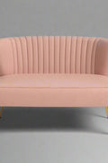 Fuchsia velvet loveseat with tufted back and gold legs in modern decor.
Ivory armless loveseat sofa with mid-century design in studio setup.
Tan velvet 2-seater with flared gold legs styled against a neutral wall.
Close-up of plush velvet texture and fluted backrest detail.
Color swatches displaying Fuchsia, Pink, Ivory, and Tan options.