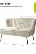 Fuchsia velvet loveseat with tufted back and gold legs in modern decor.
Ivory armless loveseat sofa with mid-century design in studio setup.
Tan velvet 2-seater with flared gold legs styled against a neutral wall.
Close-up of plush velvet texture and fluted backrest detail.
Color swatches displaying Fuchsia, Pink, Ivory, and Tan options.