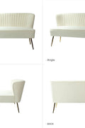 Fuchsia velvet loveseat with tufted back and gold legs in modern decor.
Ivory armless loveseat sofa with mid-century design in studio setup.
Tan velvet 2-seater with flared gold legs styled against a neutral wall.
Close-up of plush velvet texture and fluted backrest detail.
Color swatches displaying Fuchsia, Pink, Ivory, and Tan options.