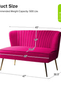Fuchsia velvet loveseat with tufted back and gold legs in modern decor.
Ivory armless loveseat sofa with mid-century design in studio setup.
Tan velvet 2-seater with flared gold legs styled against a neutral wall.
Close-up of plush velvet texture and fluted backrest detail.
Color swatches displaying Fuchsia, Pink, Ivory, and Tan options.