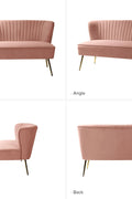 Fuchsia velvet loveseat with tufted back and gold legs in modern decor.
Ivory armless loveseat sofa with mid-century design in studio setup.
Tan velvet 2-seater with flared gold legs styled against a neutral wall.
Close-up of plush velvet texture and fluted backrest detail.
Color swatches displaying Fuchsia, Pink, Ivory, and Tan options.
