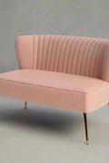 Fuchsia velvet loveseat with tufted back and gold legs in modern decor.
Ivory armless loveseat sofa with mid-century design in studio setup.
Tan velvet 2-seater with flared gold legs styled against a neutral wall.
Close-up of plush velvet texture and fluted backrest detail.
Color swatches displaying Fuchsia, Pink, Ivory, and Tan options.