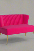 Fuchsia velvet loveseat with tufted back and gold legs in modern decor.
Ivory armless loveseat sofa with mid-century design in studio setup.
Tan velvet 2-seater with flared gold legs styled against a neutral wall.
Close-up of plush velvet texture and fluted backrest detail.
Color swatches displaying Fuchsia, Pink, Ivory, and Tan options.