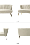 Fuchsia velvet loveseat with tufted back and gold legs in modern decor.
Ivory armless loveseat sofa with mid-century design in studio setup.
Tan velvet 2-seater with flared gold legs styled against a neutral wall.
Close-up of plush velvet texture and fluted backrest detail.
Color swatches displaying Fuchsia, Pink, Ivory, and Tan options.