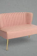 Fuchsia velvet loveseat with tufted back and gold legs in modern decor.
Ivory armless loveseat sofa with mid-century design in studio setup.
Tan velvet 2-seater with flared gold legs styled against a neutral wall.
Close-up of plush velvet texture and fluted backrest detail.
Color swatches displaying Fuchsia, Pink, Ivory, and Tan options.