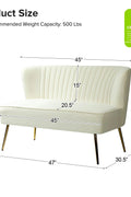 Fuchsia velvet loveseat with tufted back and gold legs in modern decor.
Ivory armless loveseat sofa with mid-century design in studio setup.
Tan velvet 2-seater with flared gold legs styled against a neutral wall.
Close-up of plush velvet texture and fluted backrest detail.
Color swatches displaying Fuchsia, Pink, Ivory, and Tan options.