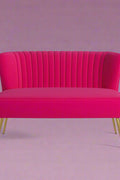 Fuchsia velvet loveseat with tufted back and gold legs in modern decor.
Ivory armless loveseat sofa with mid-century design in studio setup.
Tan velvet 2-seater with flared gold legs styled against a neutral wall.
Close-up of plush velvet texture and fluted backrest detail.
Color swatches displaying Fuchsia, Pink, Ivory, and Tan options.