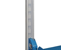 Blue portable 4-post car hoist in garage

Drive-on ramp and runway surface

Close-up of power unit and lift columns

Vehicle elevated on blue car lift

Heavy-duty safety locks and cable system