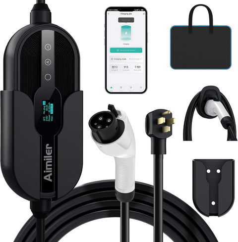 AIMILER Level 2 Electric Vehicle (EV) Charger(32Amp, 220V-240V, NEMA 14-50 Plug), 25ft Cable ETL FCC Listed Portable Indoor/Outdoor EVSE SAE J1772 EV Car Charging Station w/Delay Timer, WiFi Enabled