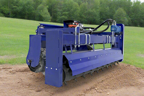 72" hydraulic soil conditioner attachment on a skid steer
Remote-controlled drum system with carbide teeth
Side view of skid steer soil conditioner in action
Soil prep tool for seedbeds and landscaping
Durable construction of 72-inch soil conditioner
