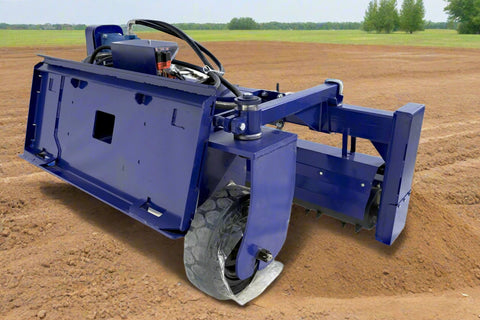 72" hydraulic soil conditioner attachment on a skid steer
Remote-controlled drum system with carbide teeth
Side view of skid steer soil conditioner in action
Soil prep tool for seedbeds and landscaping
Durable construction of 72-inch soil conditioner