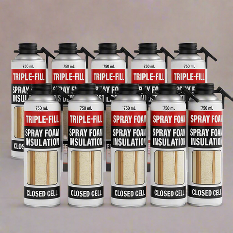 Closed Cell Spray Foam Application on Wall Studs

750 mL Triple-Fill PU Spray Foam Can – Front View

12-Pack Triple-Fill Foam Cans for Insulation

Polyurethane Foam Spray – High Expansion Sealant

Thermal & Acoustic Insulation for Construction Projects