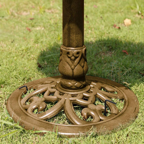 Antique copper polyresin bird bath with solar fountain

Top-down view of bird bath basin and solar pump

Decorative outdoor bird bath with stable pedestal base

Multiple fountain head options for water spray pattern

Garden setting with bird bath and solar-powered water feature