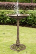 Antique copper polyresin bird bath with solar fountain

Top-down view of bird bath basin and solar pump

Decorative outdoor bird bath with stable pedestal base

Multiple fountain head options for water spray pattern

Garden setting with bird bath and solar-powered water feature