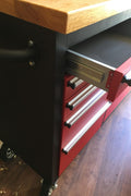 Red 17-drawer rolling tool chest with workbench top
Heavy-duty garage tool cabinet with rubberwood work surface
Industrial mobile workbench with 15 smooth-glide drawers
Garage storage cabinet with aluminum handles and locking system