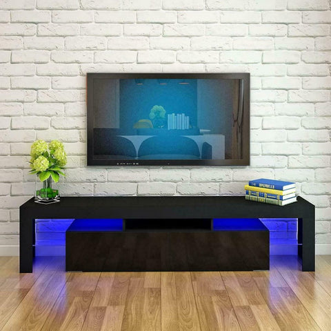 High Gloss White LED TV Stand with Remote Lighting and Storage Shelves for Modern Living Rooms