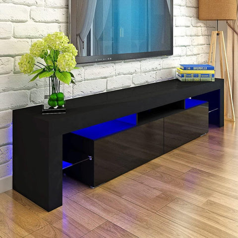 High Gloss White LED TV Stand with Remote Lighting and Storage Shelves for Modern Living Rooms