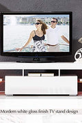High Gloss White LED TV Stand with Remote Lighting and Storage Shelves for Modern Living Rooms