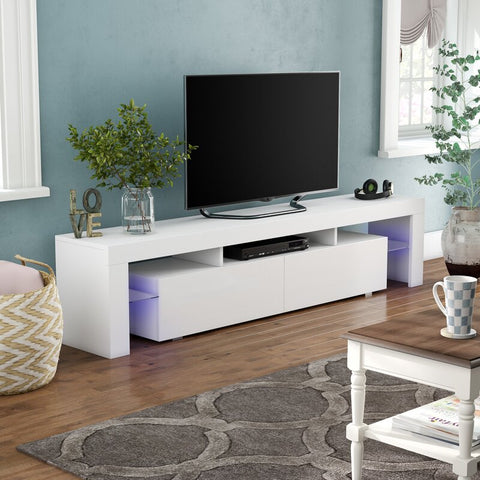 High Gloss White LED TV Stand with Remote Lighting and Storage Shelves for Modern Living Rooms