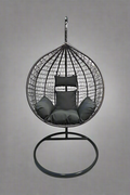 Egg Chair Swing on Patio with Gray Cushion

Hanging Egg Chair with Stand – Outdoor Setup

Egg Chair Basket Frame Close-Up

Dark Gray Cushion Detail

Indoor Setup of Egg Hammock Chair